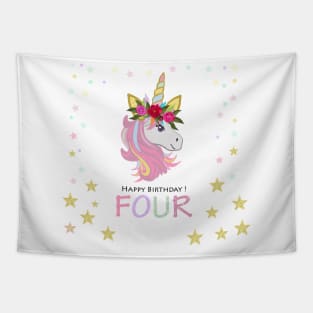 Four birthday greeting. Fourth. Magical Unicorn Birthday invitation. Party invitation greeting card Tapestry