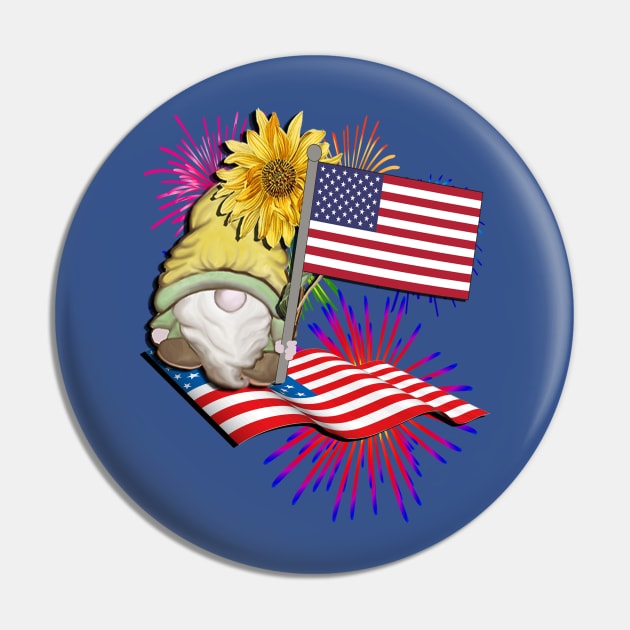 USA Fourth of July Graphic Design American Flag Fireworks & Patriotic Gnome Pin by tamdevo1