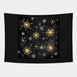 Black background with golden snowflakes Tapestry