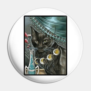 Black Cat with Moon Necklace - Black Outlined Version Pin