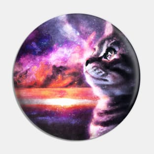 Tabby cat looking at nebula sky Pin