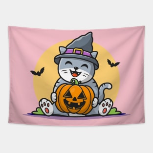 Cute Witch Cat Hug Pumpkin Halloween Cartoon Vector Icon Illustration Tapestry