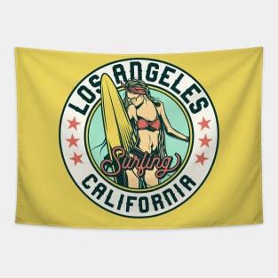 Vintage Surfing Badge for Los Angeles, California Tapestry