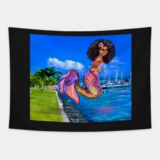 Mermaid with big afro hair, diving into the ocean. Black Mermaid. The best Gifts for black women 2022 Tapestry