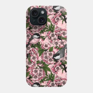 Cherry blossom and chickadees on pink Phone Case