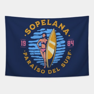 Vintage Sopelana, Spain Surfer's Paradise // Retro Surfing 1980s Badge Tapestry