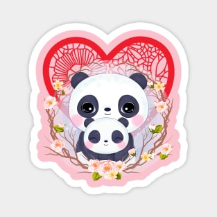 Mama Panda and baby with RED lace heart Magnet