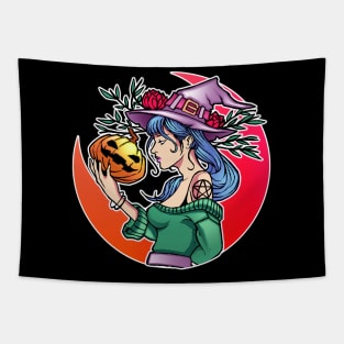 Halloween Cute Witch With Pumpkin and the Moon Tapestry