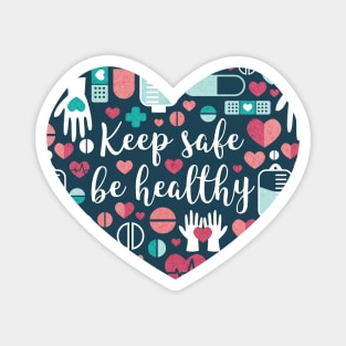 Keep safe be healthy // heart print // navy blue background aqua mint red white and coral medicine elements Magnet