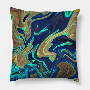 Liquid Marble, Swirling Blue and Tan Pillow