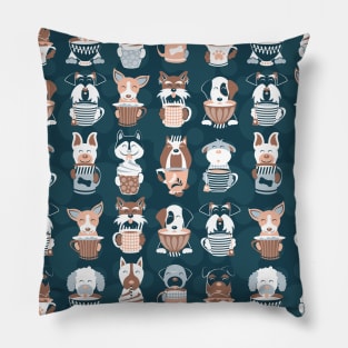 Doggie Coffee and Tea Time 2 // pattern // navy blue background Pillow