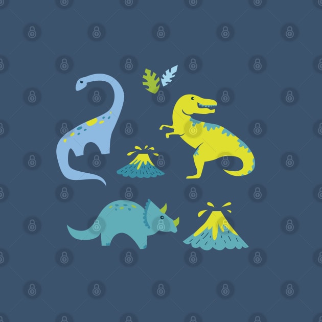 Kawaii Dinosaurs in Blue + Green by latheandquill