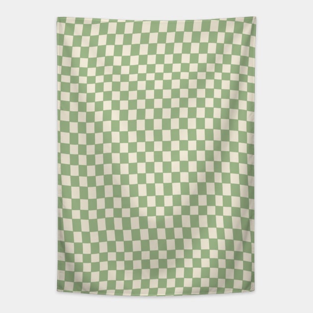 Green and Cream Distorted Warped Checkerboard Pattern III Tapestry by Velvet Earth