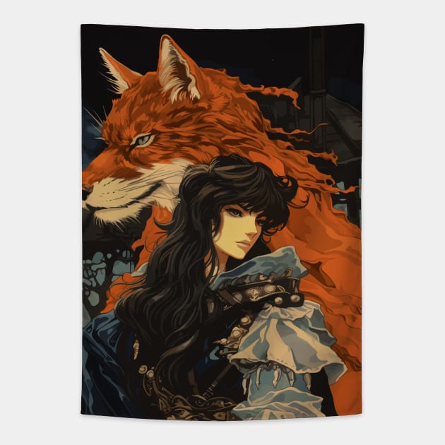 Woman and Fox Yokai Tapestry by Ray Crimson