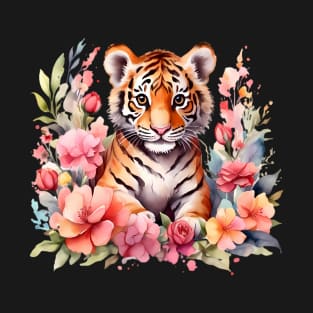 A baby tiger decorated with beautiful watercolor flowers T-Shirt