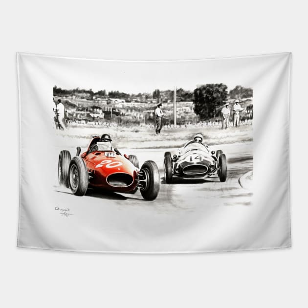 Ferrari Dino 246 Mike Hawthorn, Stirling Moss Tapestry by oleynik