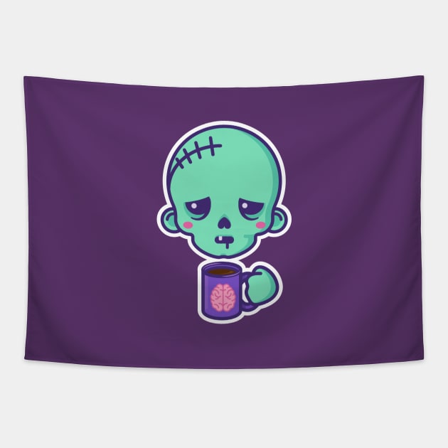 Tired kawaii zombie with brains coffee cup - white outline Tapestry by Sugar & Bones