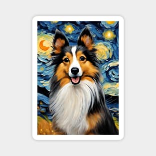 Cute Shetland Sheepdog Dog Breed Painting in a Van Gogh Starry Night Art Style Magnet