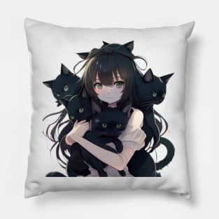 Anime Girl Hugging Many Black Cats Pillow