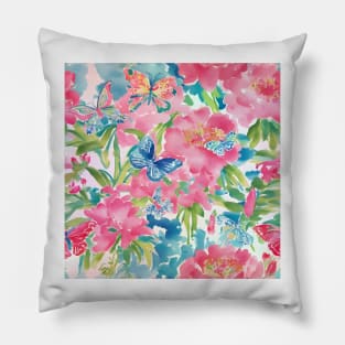 Preppy pink, green and turquoise flowers and butterflies Pillow