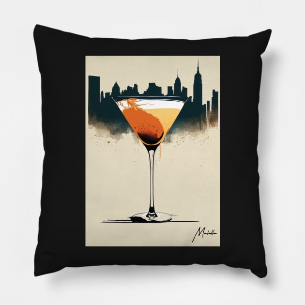 Sophisticated Sips: The Manhattan Cocktail in Stylized Sketch Pillow by Focused Instability