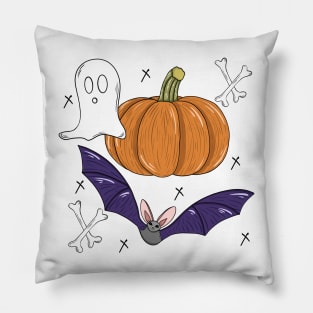 Fun Halloween pumpkin, bats, bones, ghost illustration Pillow