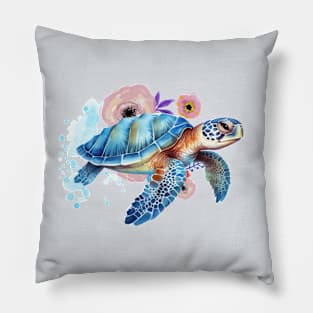 Trendy Watercolor Floral Sea Turtle . Pillow