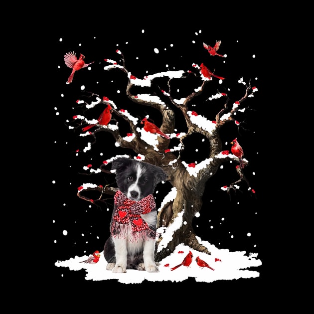 Border Collie Scarf Cardinal Snow Christmas by cogemma.art