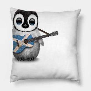 Baby Penguin Playing Scottish Flag Guitar Pillow