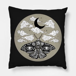 Moth Moon and Clouds Tan Pillow