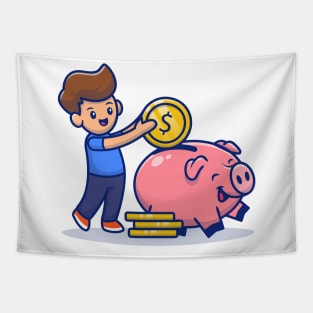 Cute Boy Insert Coin Into Piggy Bank Tapestry