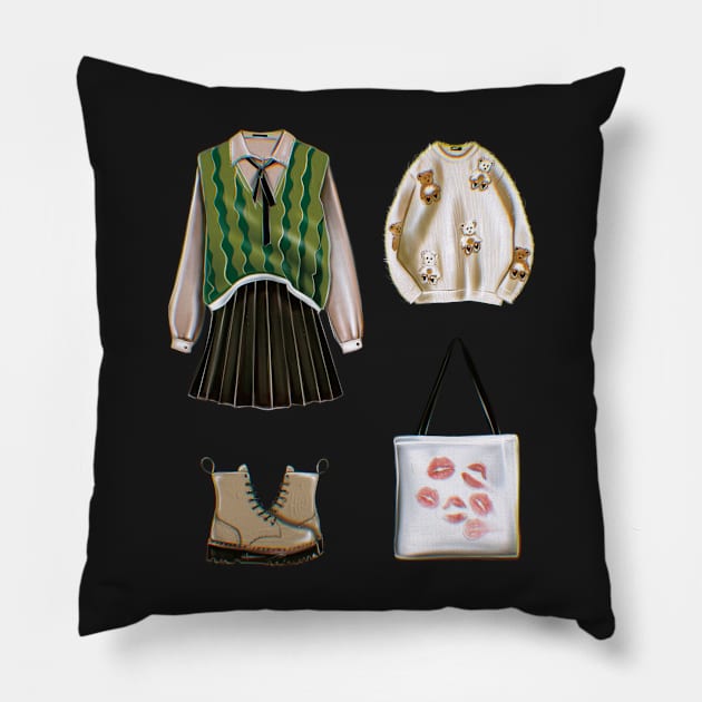 School Cute Outfits Pillow by xsaxsandra