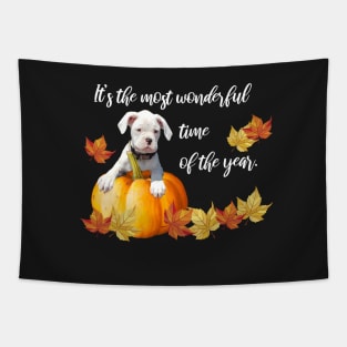 Fall Leaves, Halloween White Boxer Puppy Tapestry