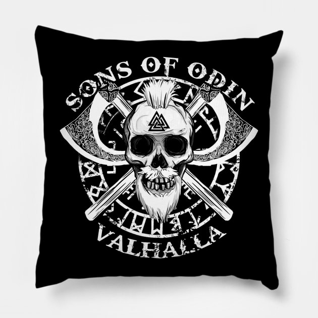 SONS OF ODIN - Viking Valhalla Thor Rune Valknut Axe Bearded Skull Men Gifts Pillow by Frontoni