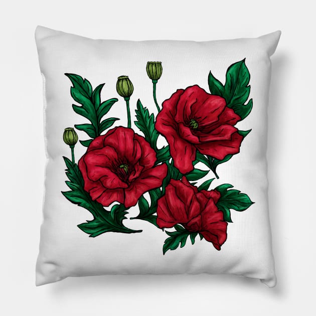 Hand-drawn red and green poppies flowers on white Pillow by NadiaChevrel