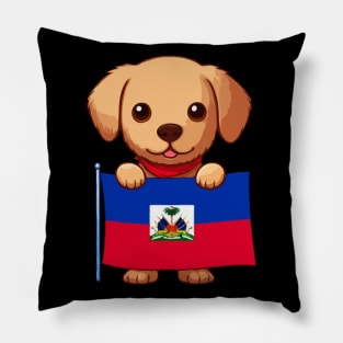 Cute Dog Holding Haiti Flag, Haiti Flag Day Pillow