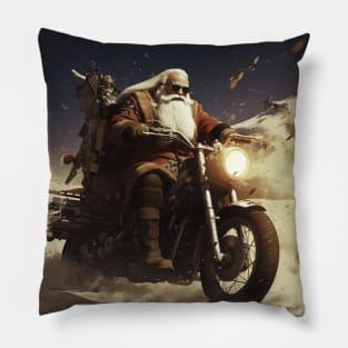 Santa Claus on motorcycle riding with christmas gifts Pillow