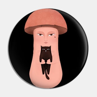 Cute happy mushroom lady holding tiny black cat, version 2 Pin