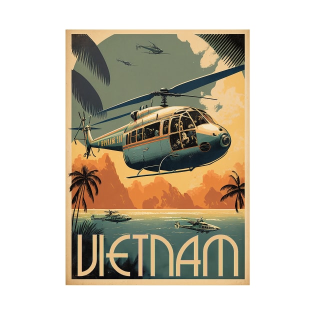 Vietnam Helicopter Vintage Travel Art Poster by OldTravelArt