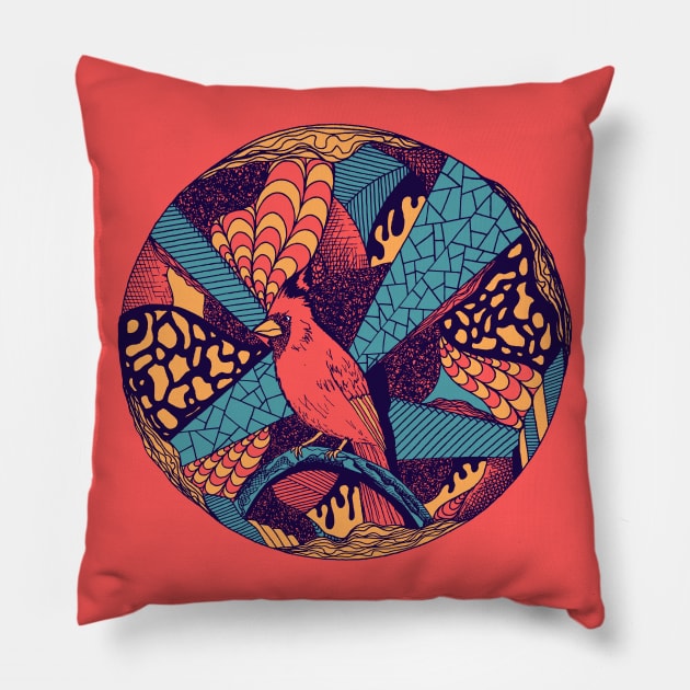 Retro Triad Circle of The Northern Cardinal Pillow by kenallouis