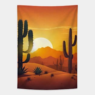 Art of sunrise with cactus and mountains Tapestry