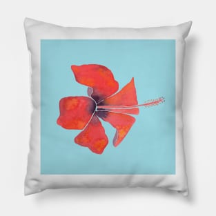 Red Hibiscus Tropical Watercolor Illustration with a blue background Pillow