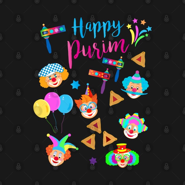 Happy Purim Kids Party Gifts Decoration Jewish Holiday Traditional symbols. Hamantaschen cookies, gragger toy noisemaker, clowns, balloons, masks, stars of David. Carnival. by sofiartmedia