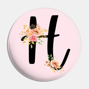 Letter H With Watercolor Floral Wreath Pin