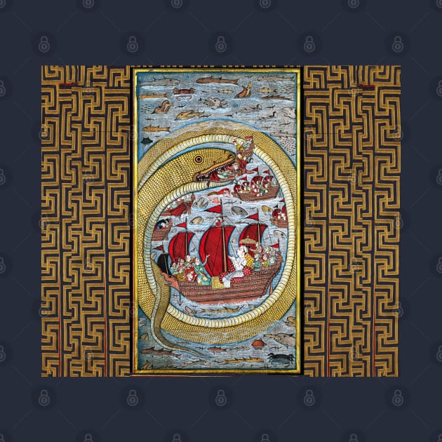 A MONSTRUOUS SEA SERPENT DEVOURING THE ROYAL FLEET Antique Indian Miniature by BulganLumini