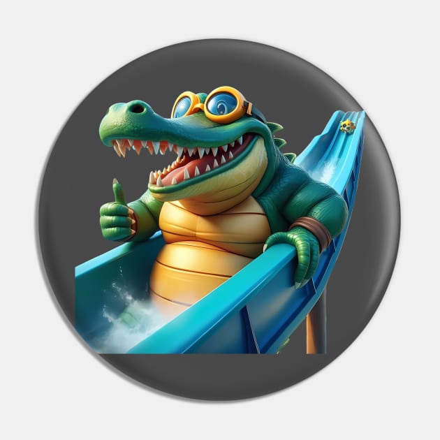 An alligator with a giant swim cap and goggles riding a waterslide Pin by maricetak