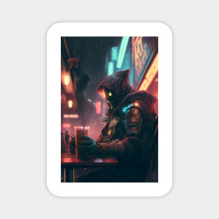 Cyberpunk Character Sipping on Coffee in a Neon Cafe Magnet