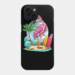 summer flamingos on the beach with coconut trees and surf boards Phone Case