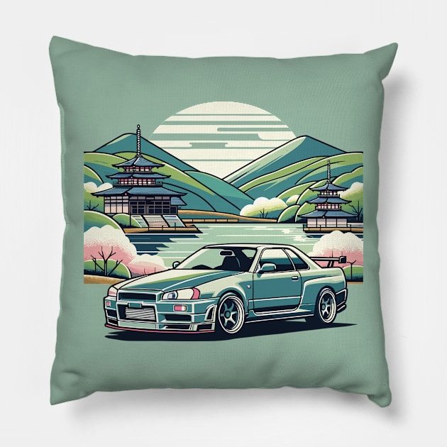 Green Skyline R34 Pillow by Gab Designs Stuff