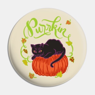 Funny Halloween Black Cat on Pumpkin Purrkin Fall Autumn Pin